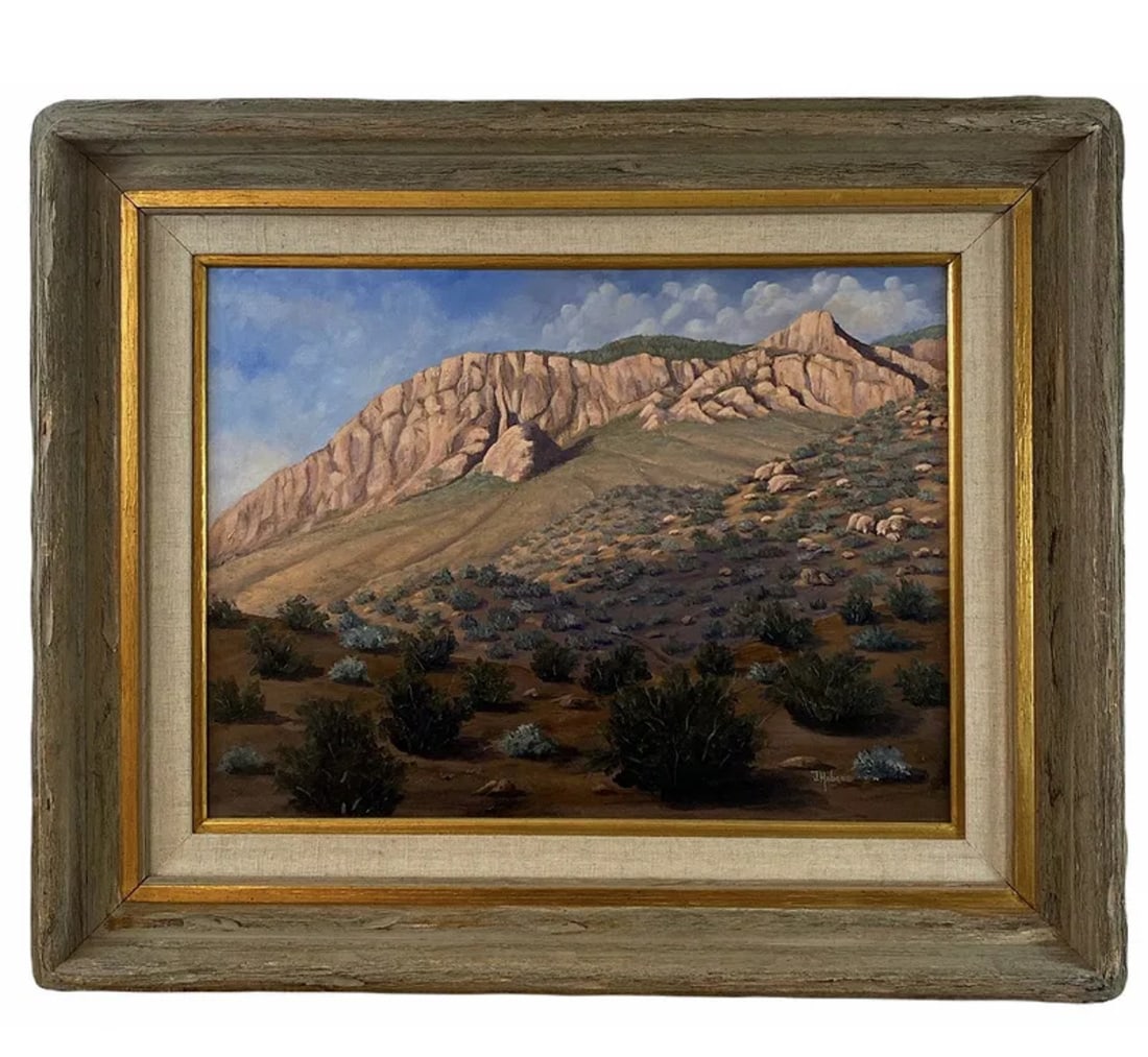 Lanscape Mountain Oil Painting by J. Hoban: Frame: 35 in L x 28 in H - Painting: 24 in L x 17 in H