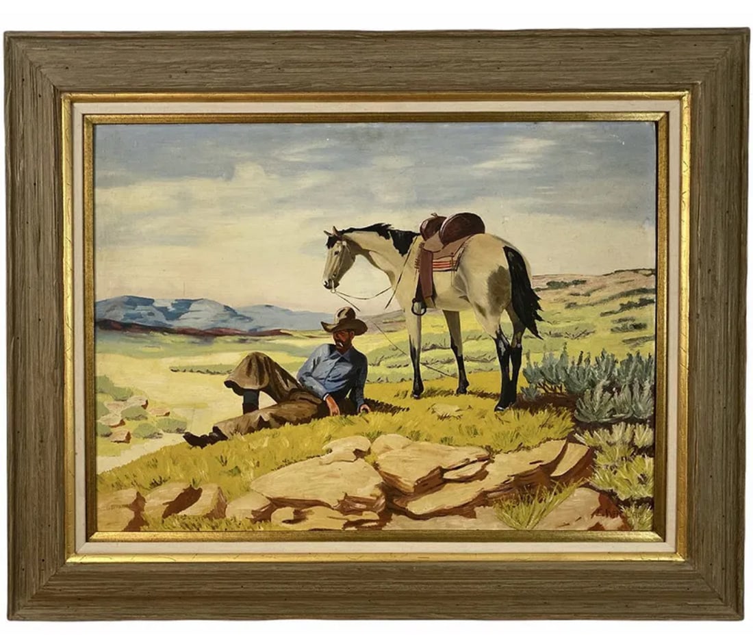 Horse and Cowboy Oil Painting by E. Wallac: Frame: 40 in L x 32 in H