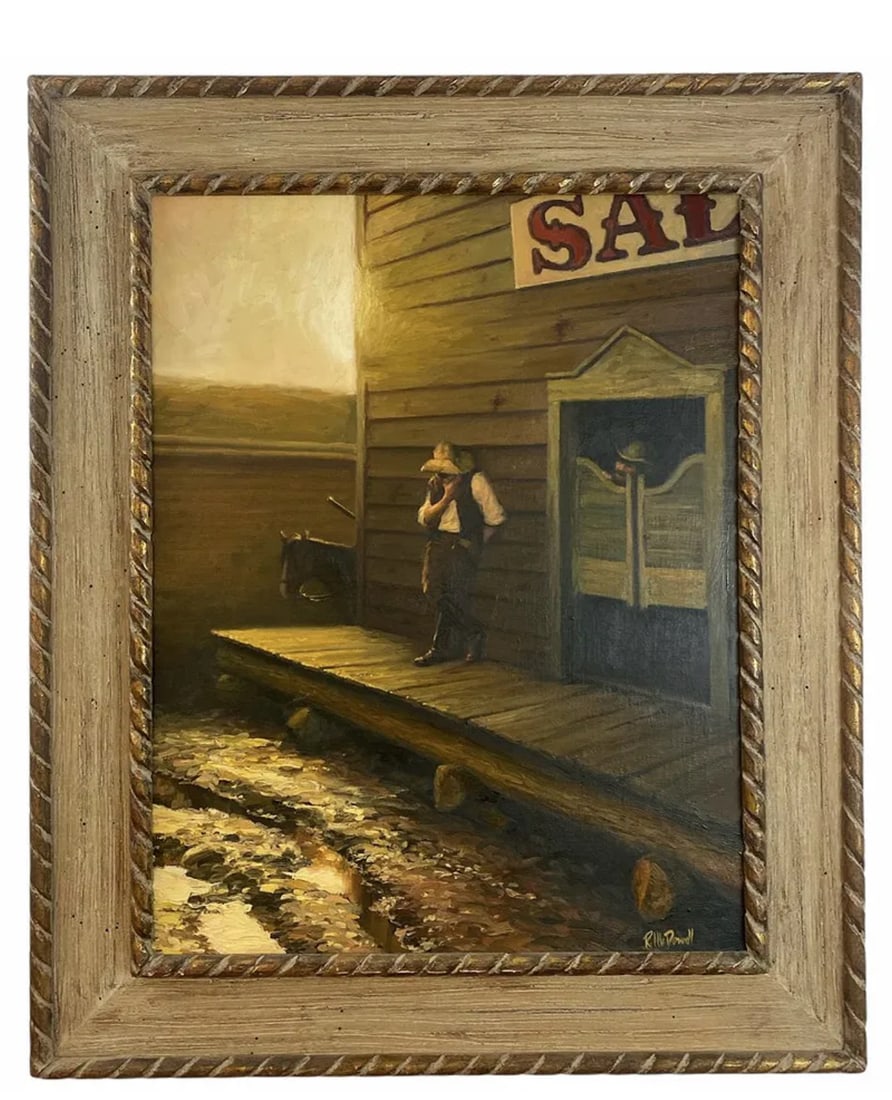 Western Cantina 1981 Western Oil Painting by Dowell: Frame : 38 in H x 31 in L - Painting : 27 in H x 21 in L