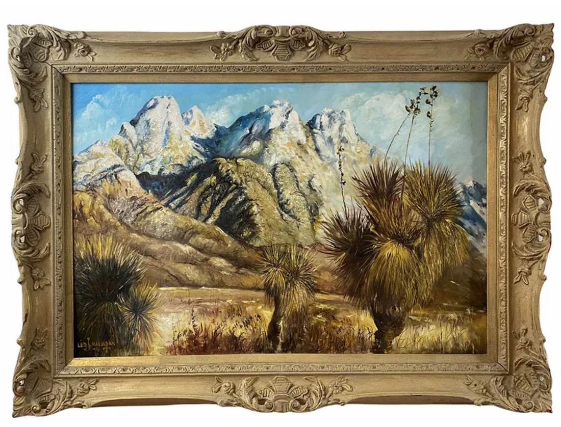 1976 Landscape Oil Painting by Leo J. Milhoan: Frame:45 in L x 32 in H - Painting: 35 in L x 23 in L*** Beautiful picturesque original oil painting by well known artist, Leo J. Milhoan (American, 1894 – 1981) This is an oil on canvas of