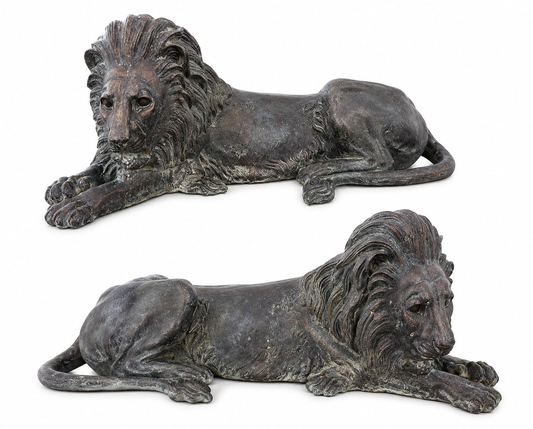 Life-Size Bronze Lions: Size: 60” L x 29” tall