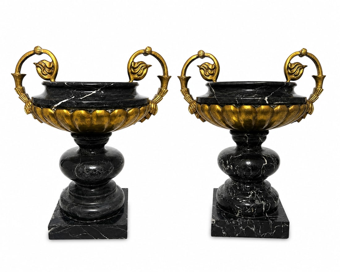 Pair of Black Marble & Gilt Bronze Neoclassical Urns: Size: 20 in x 16 in