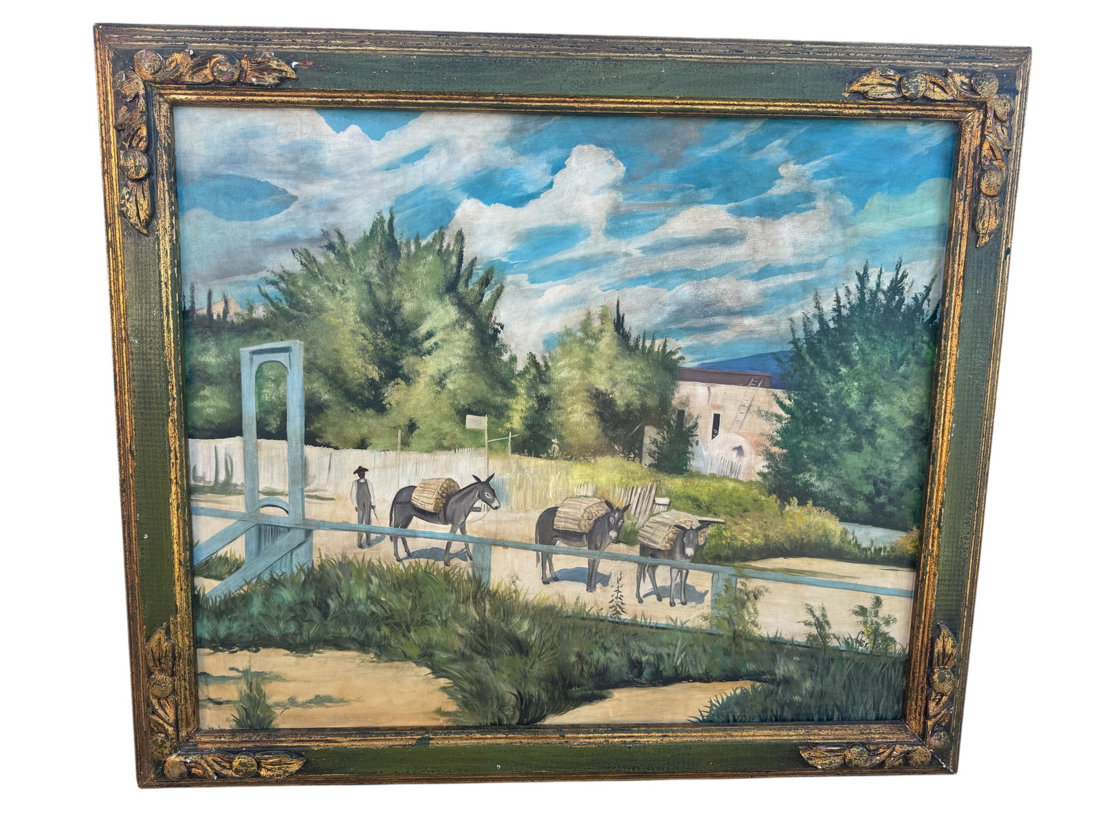 Large Oil Painting Donkeys in a Small Town: Size: 42 in x 37 in
