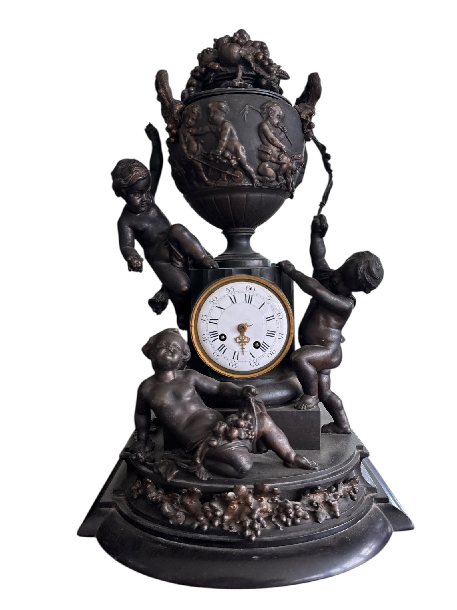 French Cherubs Bronze Clock: Size:22 in x13 in x 10 in