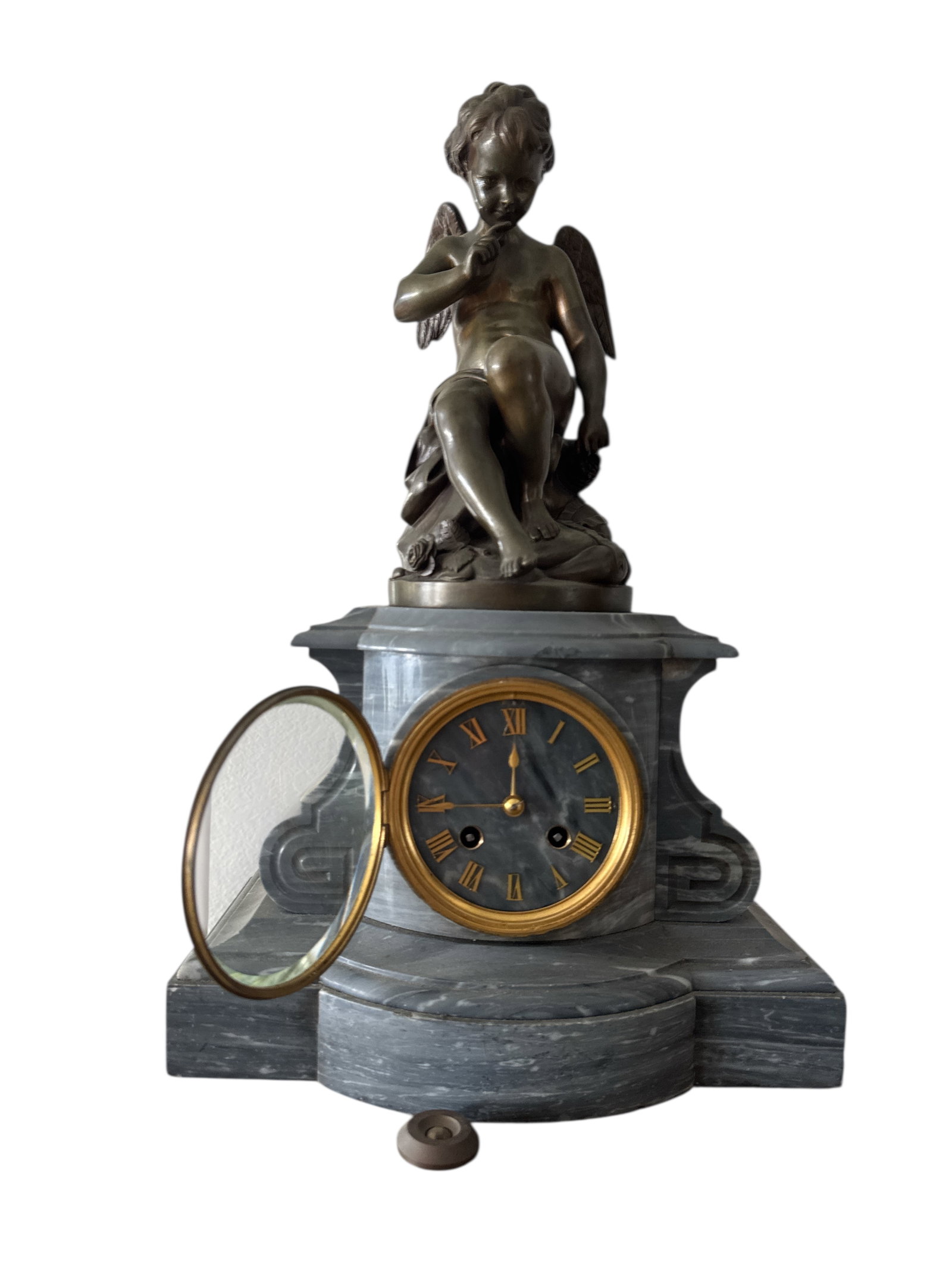 Large French Bronze and Marble Cherub Clock: Size: 25 in H