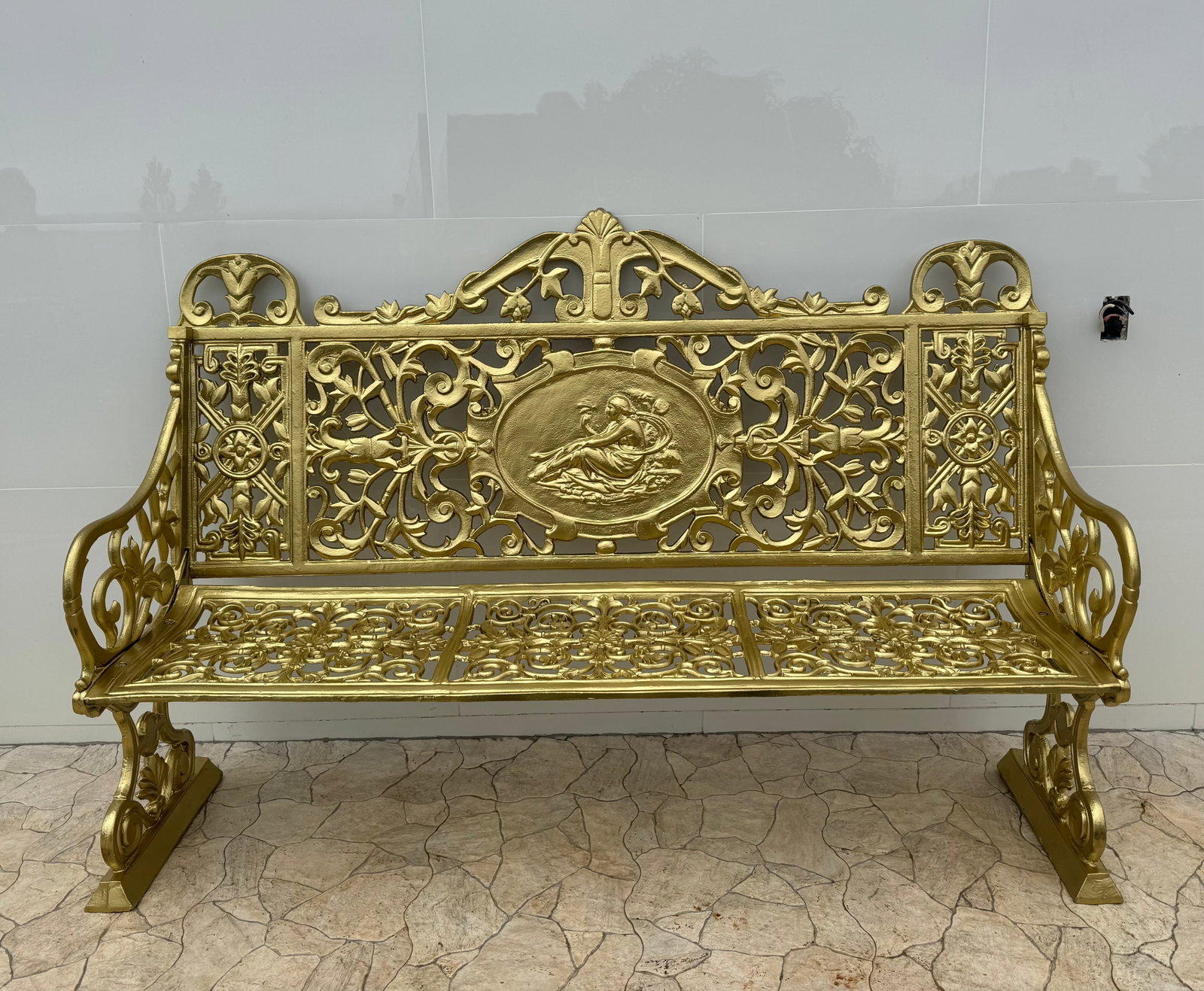 French Style Iron Gold Leaf Outdoor Bench: Size: 75 in x 42 in x 20 in