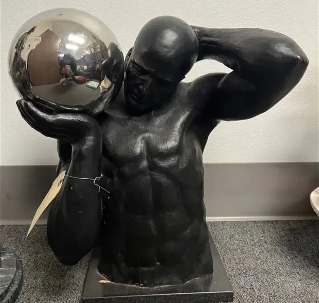 Modern Atlas Sculpture Holding a Stainless Steel Ball: Size:19 in x 19 in x 8