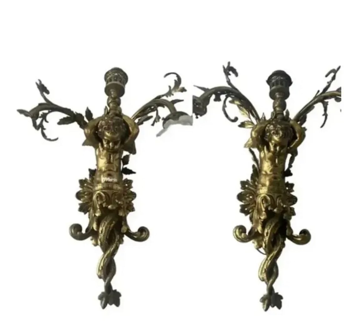 Large French Cherubs Brass Wall Sconces: Size: 29 in x 21 in - In working condition. Included 4 shades