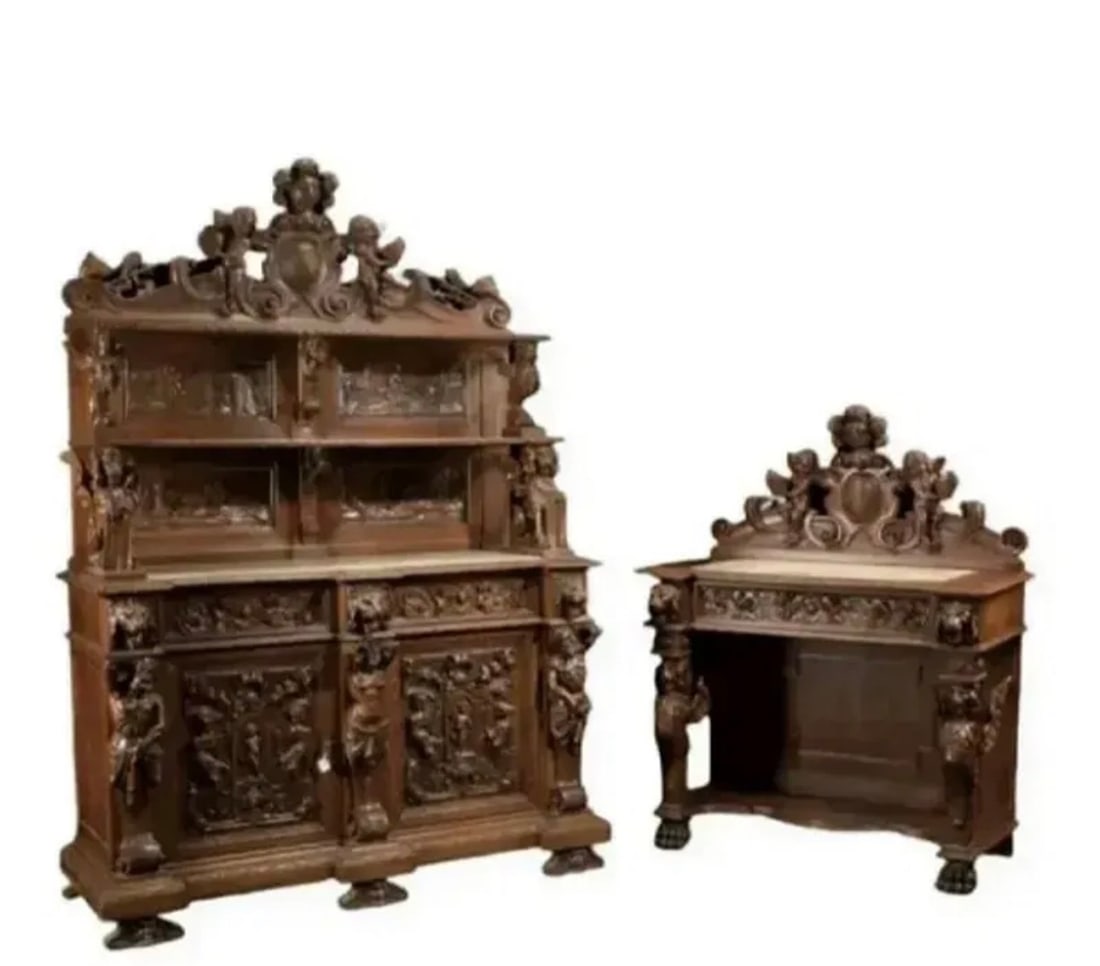FRENCH 19TH CENTURY CARVED BUFFET AND SERVER: Size: 96 in 66 in - Server: 65 in x 50 in x 26 in