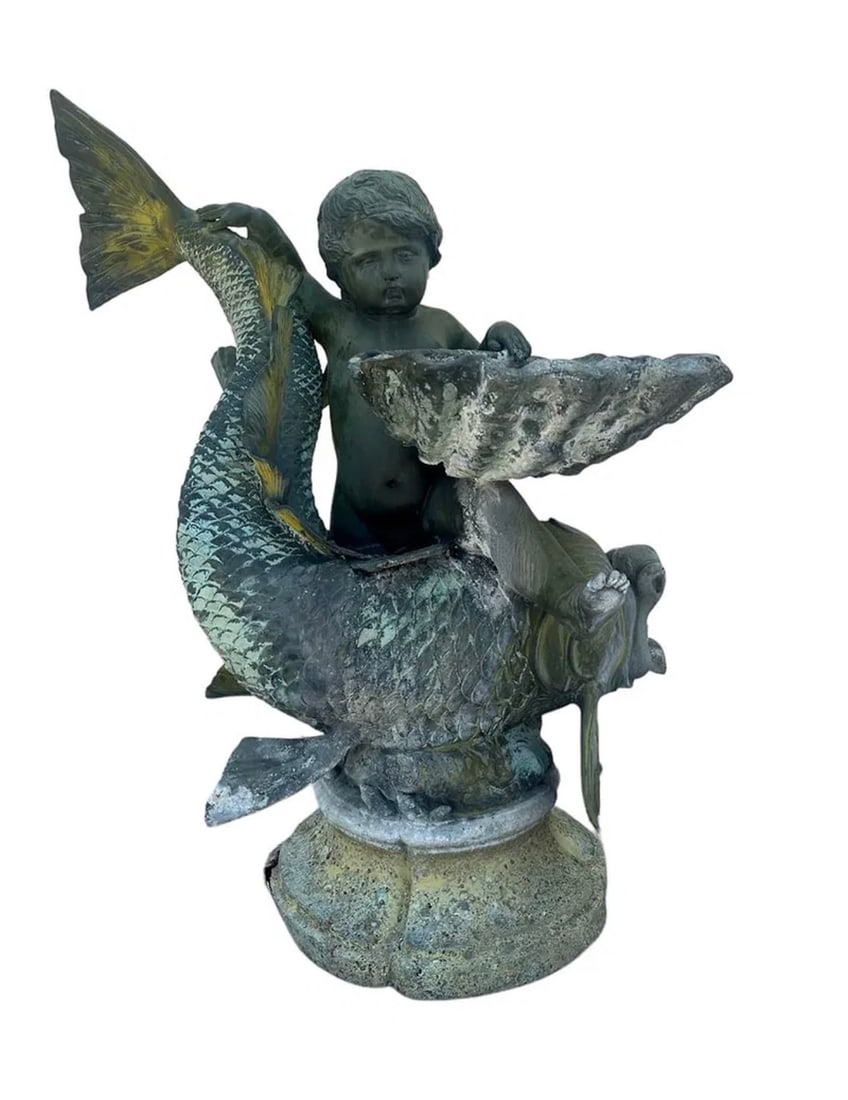 Life Size Bronze Dolphin and Putto Nautical Fountain: Size:50 in H x 42 in x 29 in