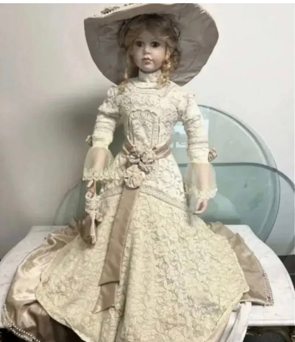 Large Porcelain Vintage Porcelian Victorian Doll: Size: 45 in H
