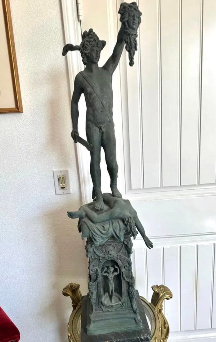 Large Perseus Grabbing Medusa Head Bronze Sculpture: Size: 41 in x 10 in x 10