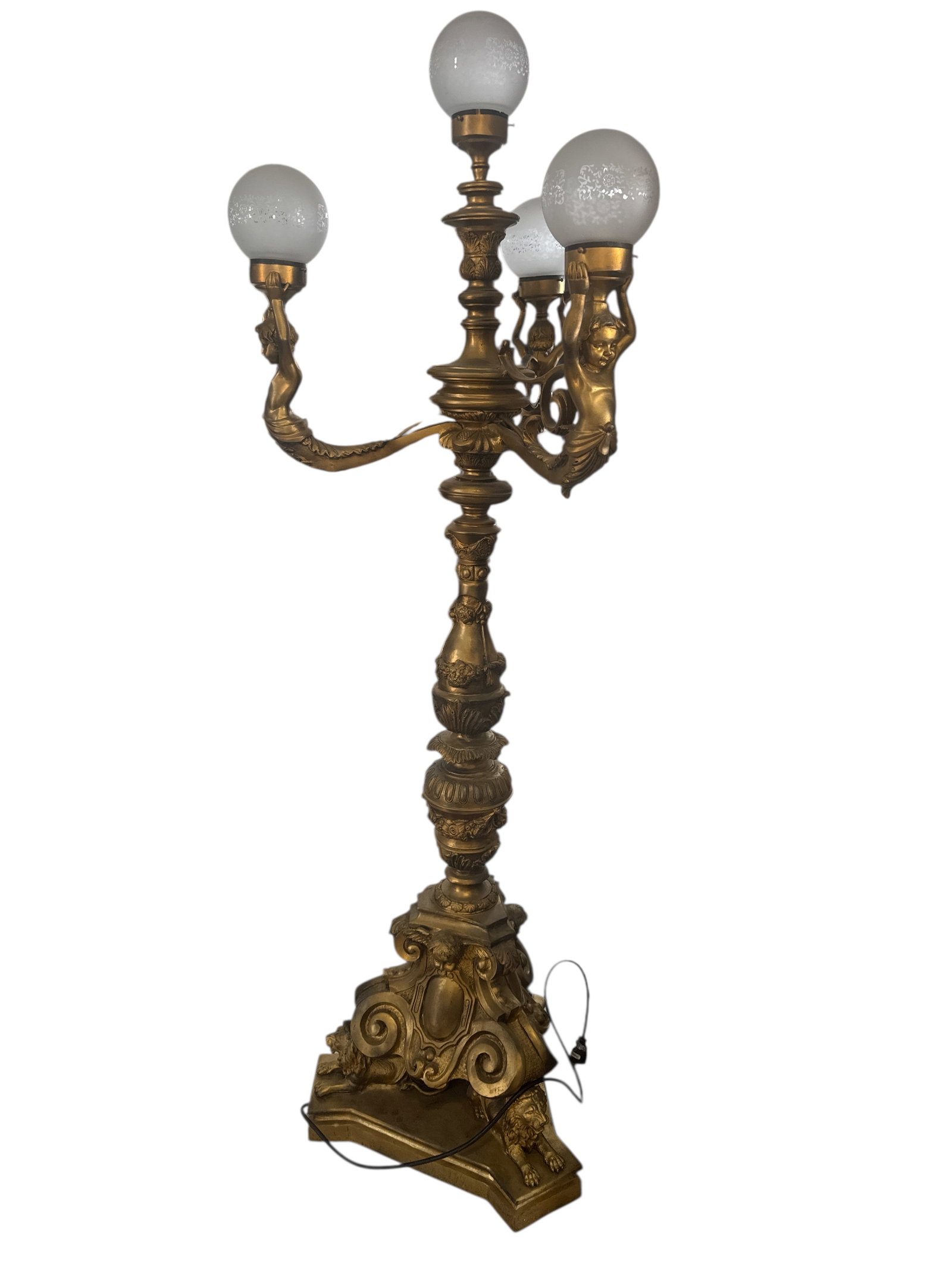 Large Bronze Floor LamP Cherubs and Lions: Size:78 in h x 28 in