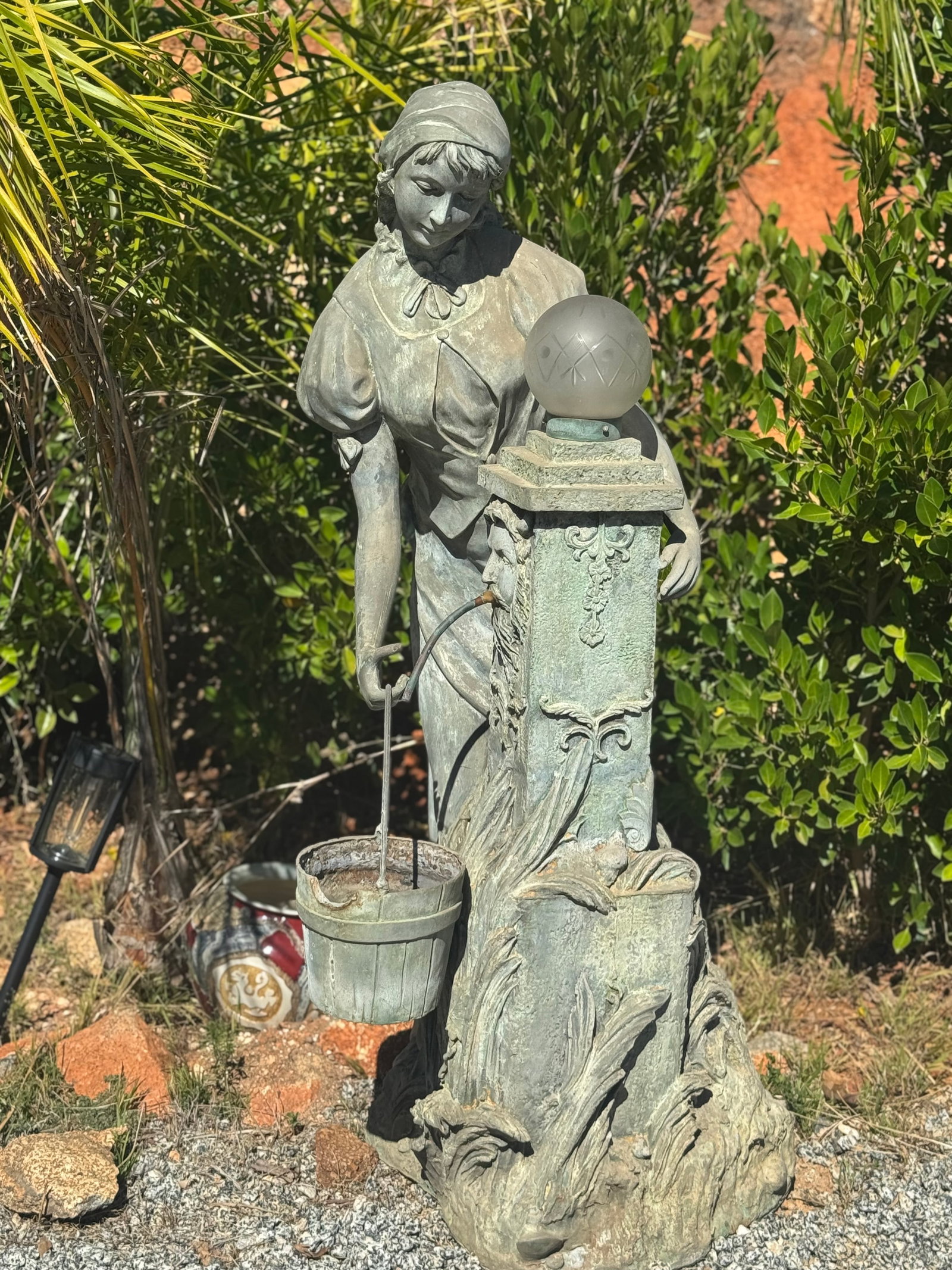 Almost Life Size Bronze Lady Fountain and Lamp: Size: 55 in x 25 in