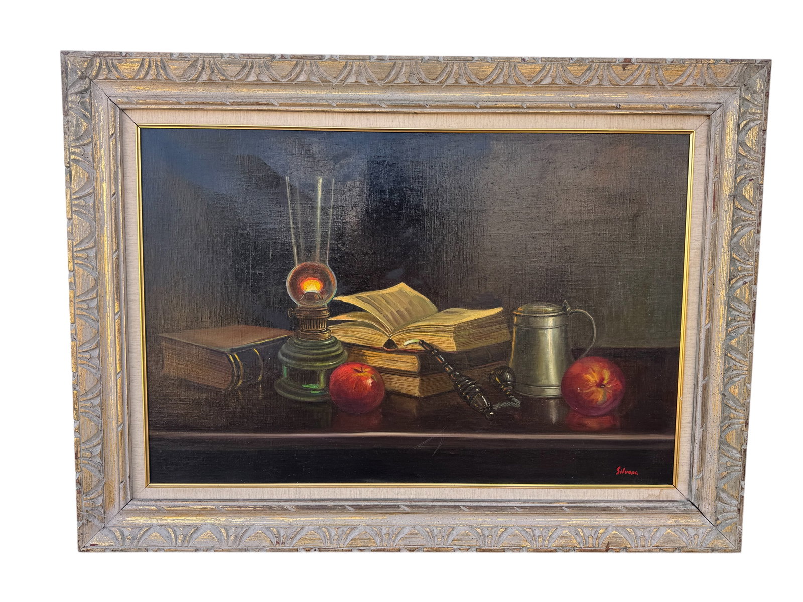 Candle ligh, Books and Fruits Oil On Canvas: Size: 44 in 32 in