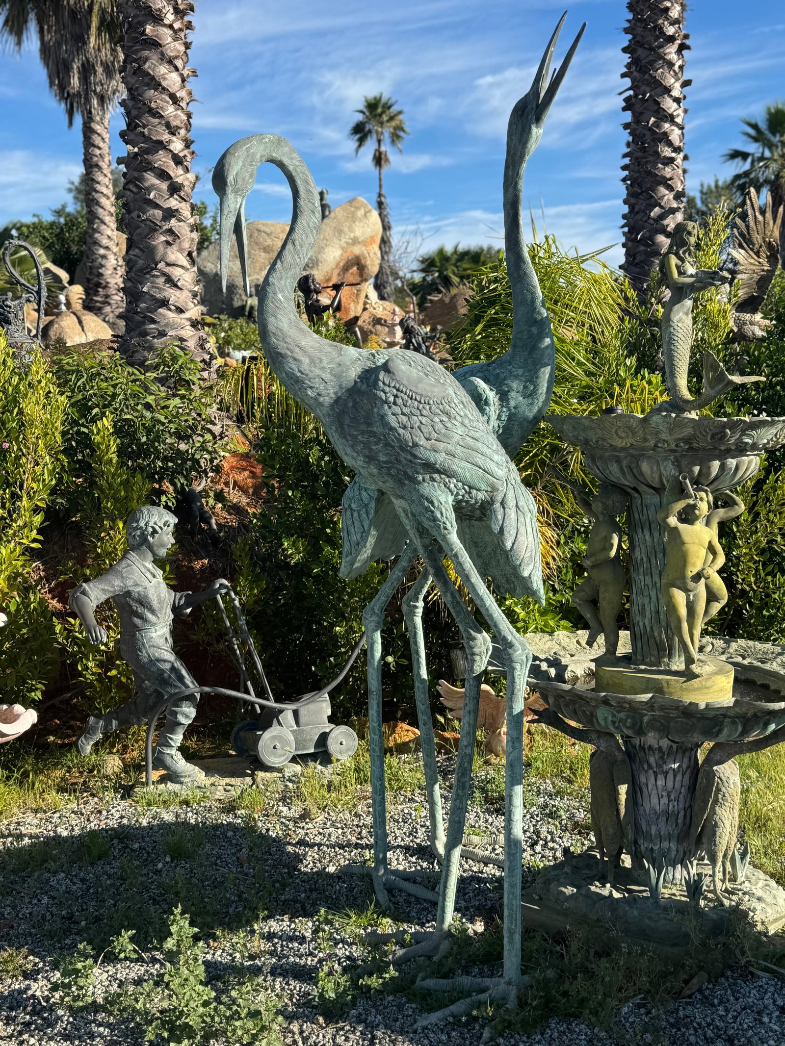 Pair of Monumental Cranes Bronze Sculptures Fountains: sIZE:1: 87 IN h X 40 IN w 2: 106 IN H x 50 in W