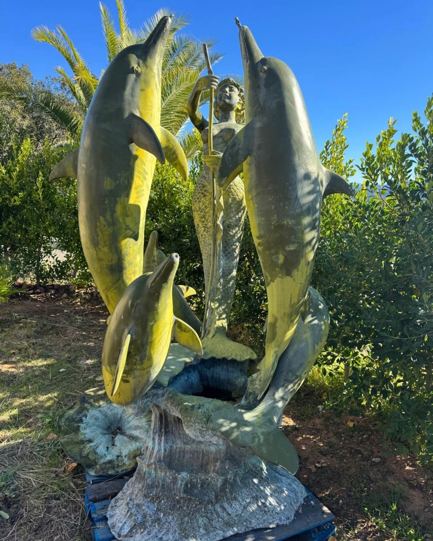 Life Size Bronze Mermaid and Dolphins Fountain: Aproz Size: 105 in H x 45 diam