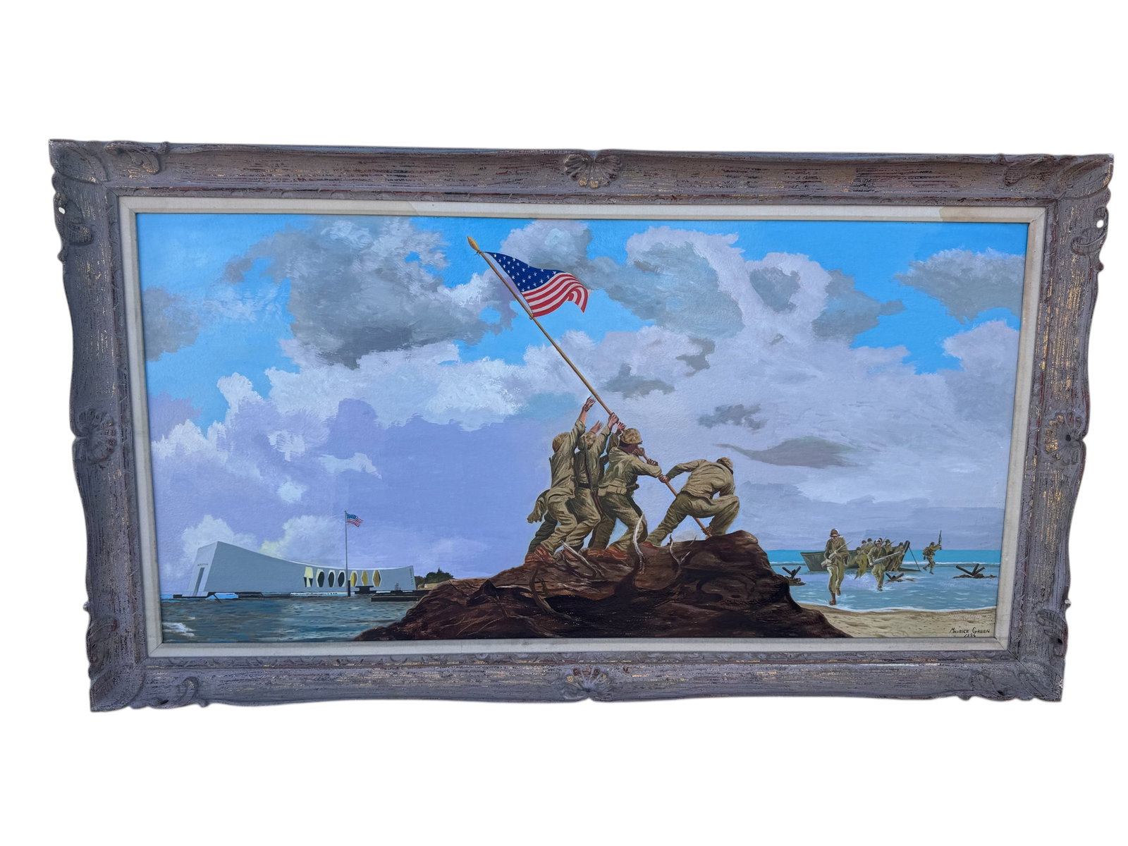 1986 Soldiers Raising American Flag Oil Painting by Maurice Green: Size: 54 in x 31 in