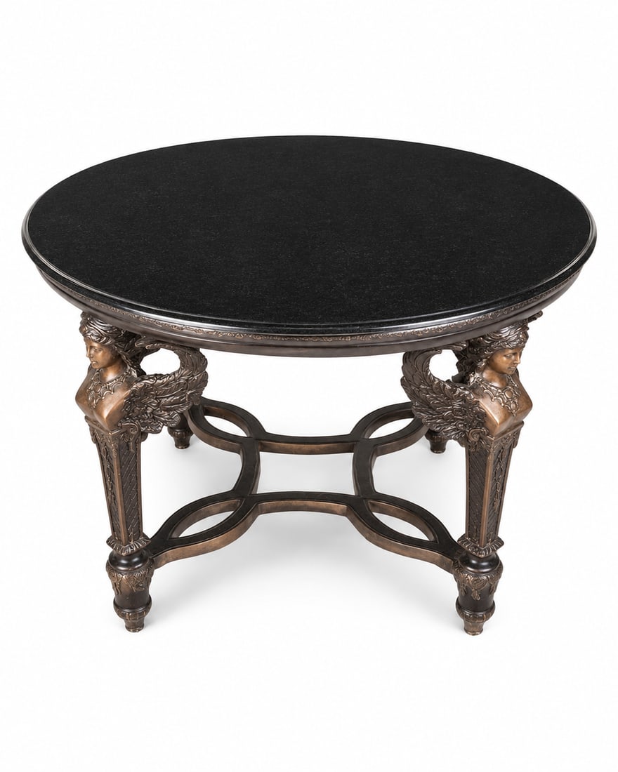 Mythology Bronze and Marble Center Table: Size: 50 in Diameter x 32 in H