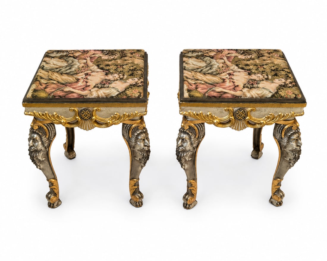 Pair of French Style Tapestry and Bronze Stools: Size: 18 in x 13 in 13 in