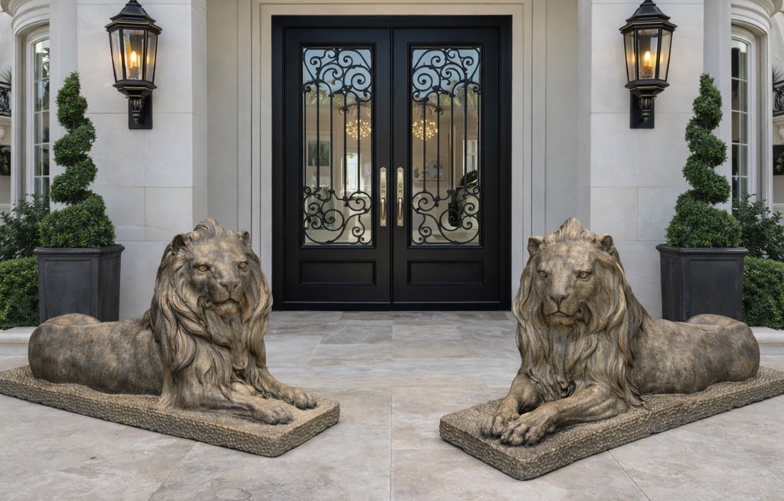 Life Size Pair of Bronze Lions: Size:65 in x 35 in x 22 in