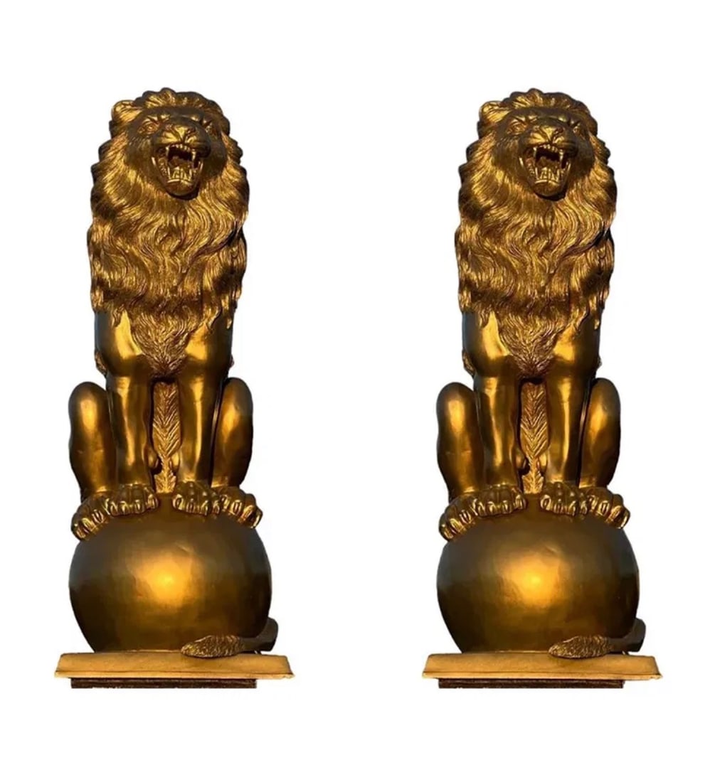 53 in H Pair of Bronze Lions Sculptures: Measurements: 53 in H x 21 x 21 inches