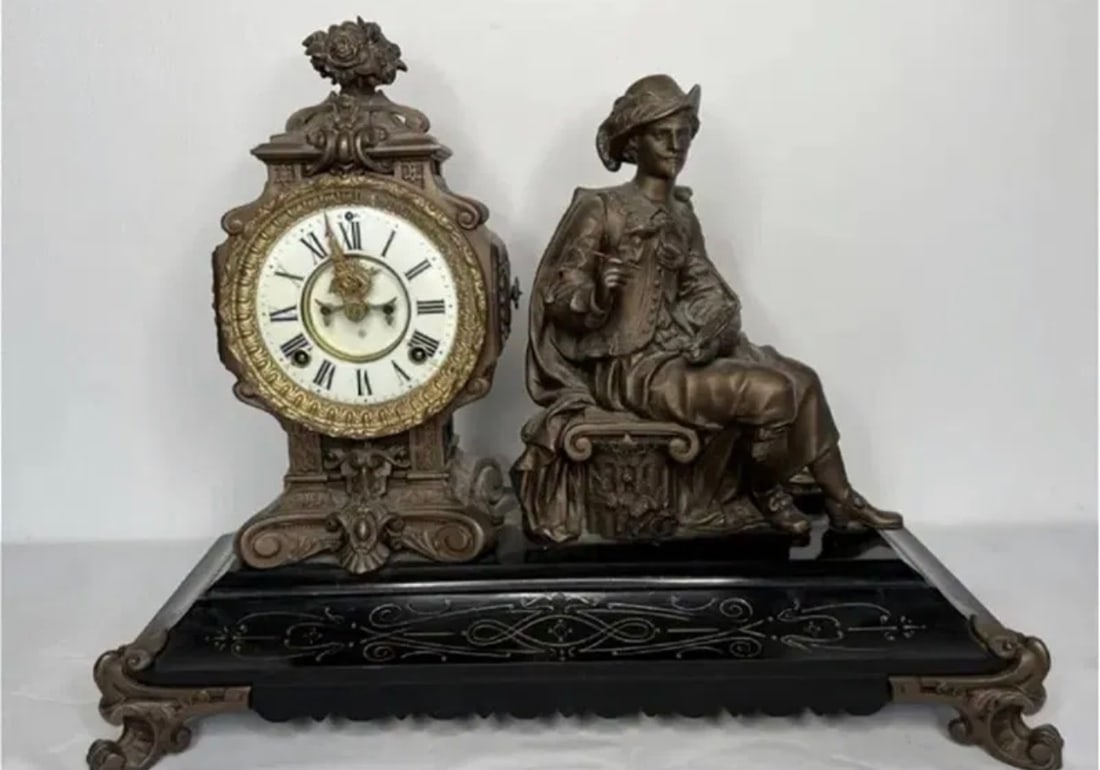 Oversized Antique Ansonia Figural Metal Clock: Measurements: 21 in L x 16 in H x 8 in