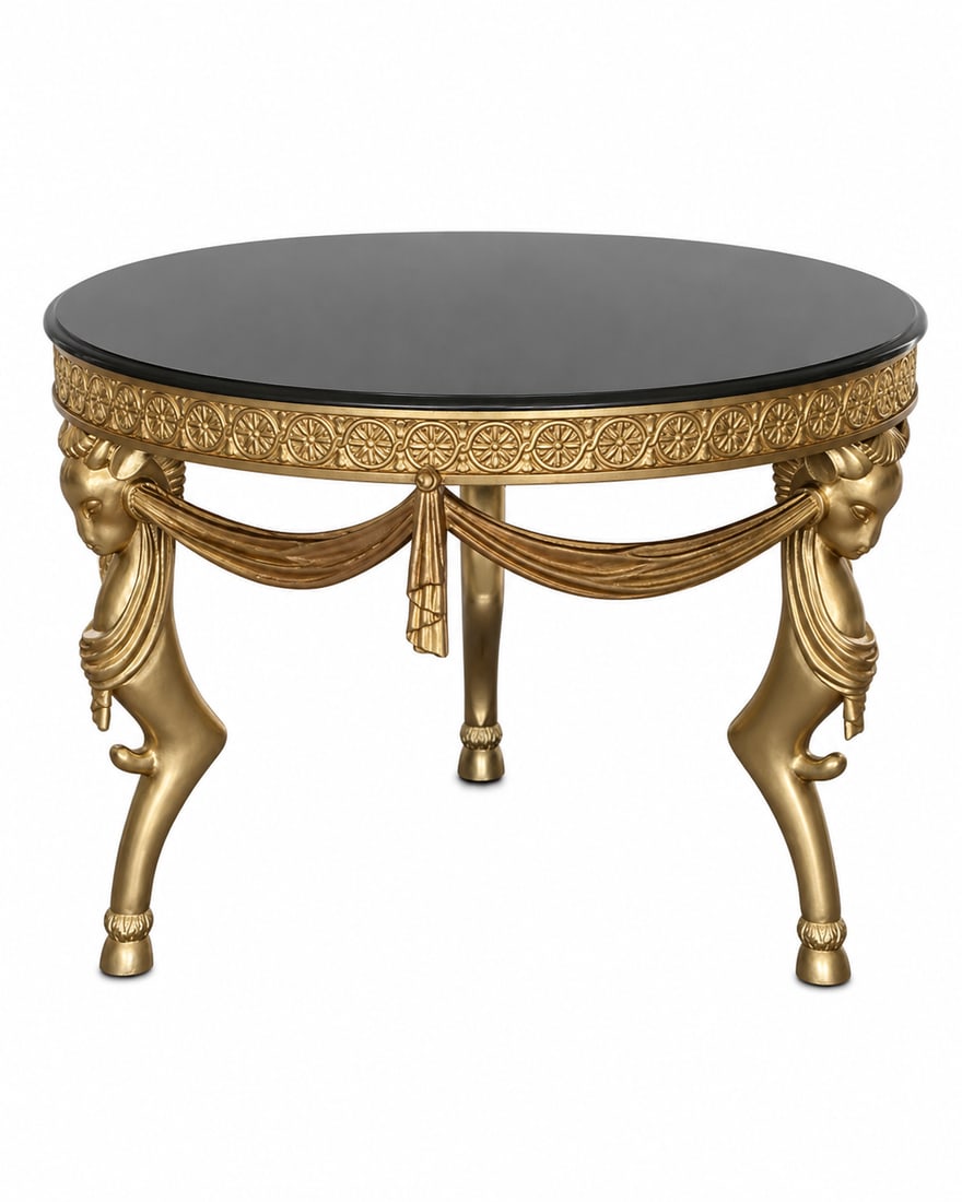 French Neoclassical Style Round Center Table: Marble, wood base. Measurements: 47 inches diameter x 37 in H