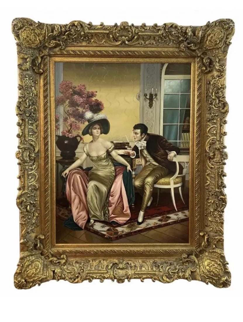 Large French Couple Oil on Canvas Framed: Frame: 54 in H x 44 in L -