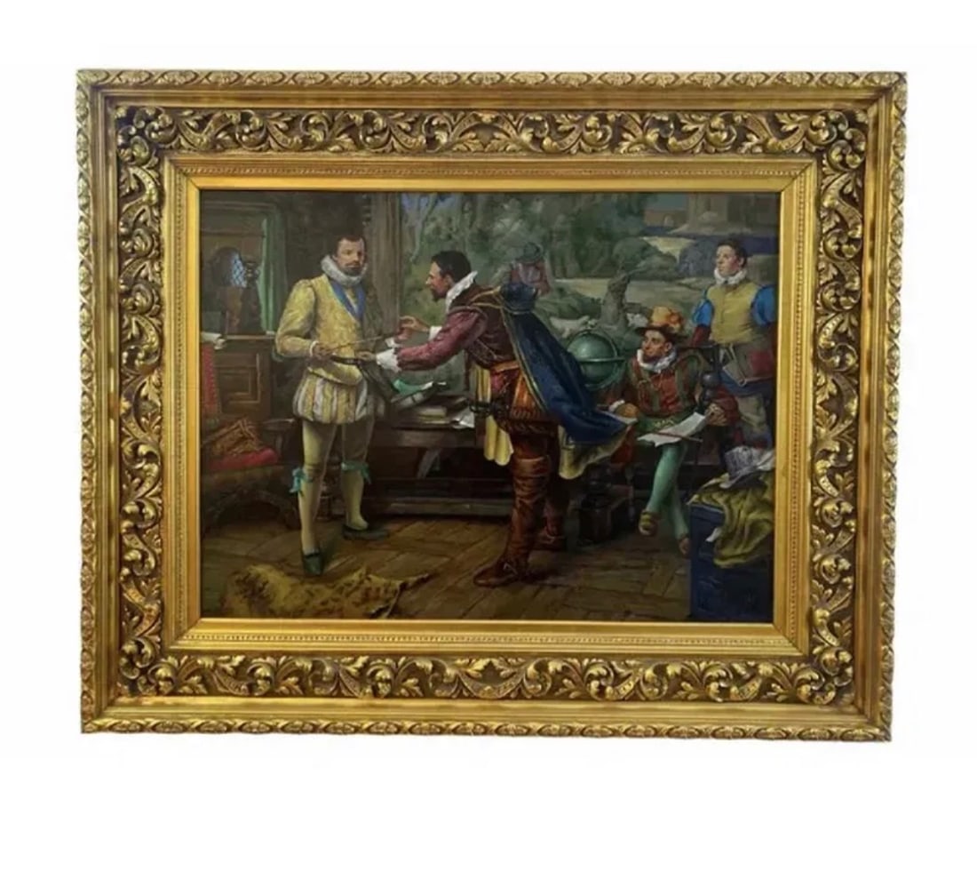 Huge A history of royal court astronomers Oil on Canvas: Frame: 56 in H x 44 in L -