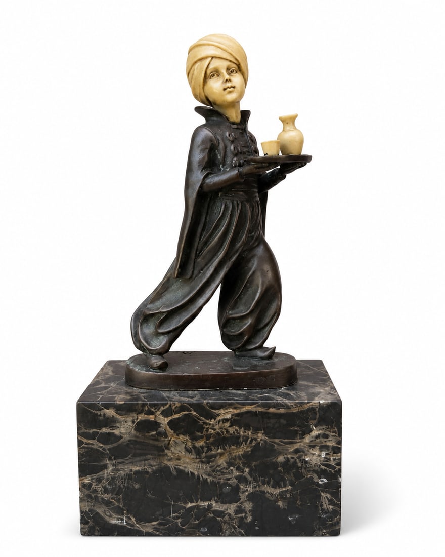 Signed Bronze Orientalist Attendant Figure with Tray on Marble Base: Size:10 in x 5 in x 2