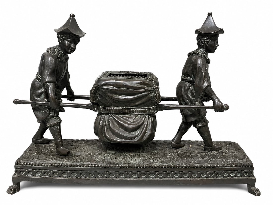 Maitland-Smith Bronze Sculpture of Two Boys with a Litter: Measurements: 18.5 L x14 in H x 7 in