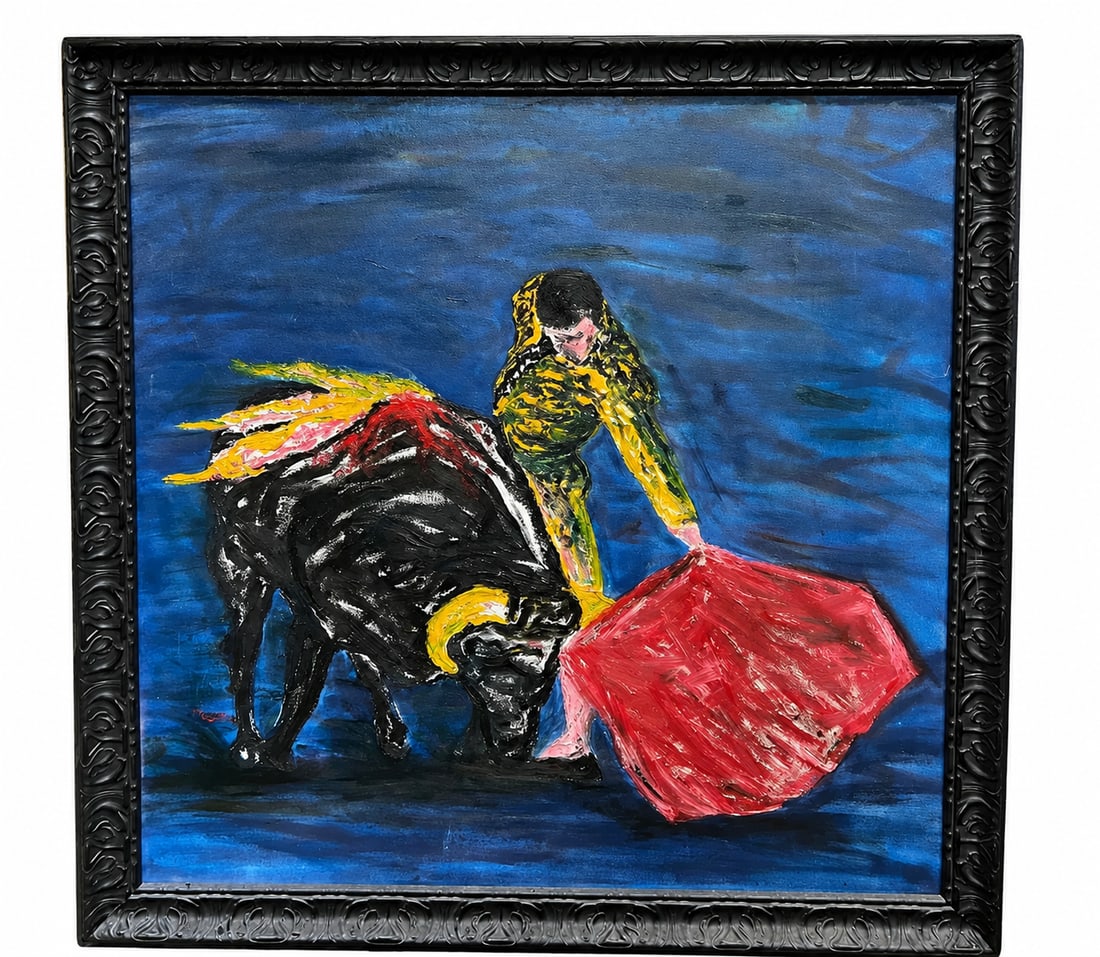 Large Matador Oil on Canvas Painting: Measurements: 48 in X 48 in-Expressive bullfighting scene featuring a matador guiding a powerful black bull with a vibrant red cape. Painted with bold, textured brushstrokes and dramatic contrasts of