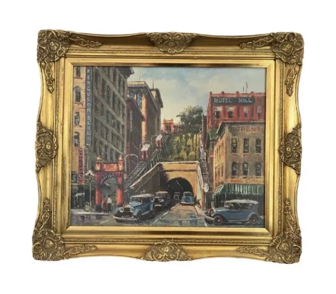 San Francisco Ben Abril- Angelas flight railway lithograph: Measurements: 31 in L x 28 in H