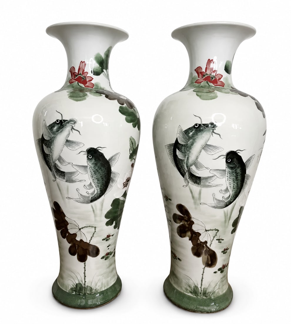 36 in Pair of Handmade Chinese Fishes Vases: Measurements: 36 in x 15 in