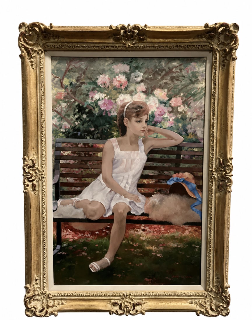 Girl Seated on bench oil Painting by R. Maleakin: Measurements: 43 x 32 in