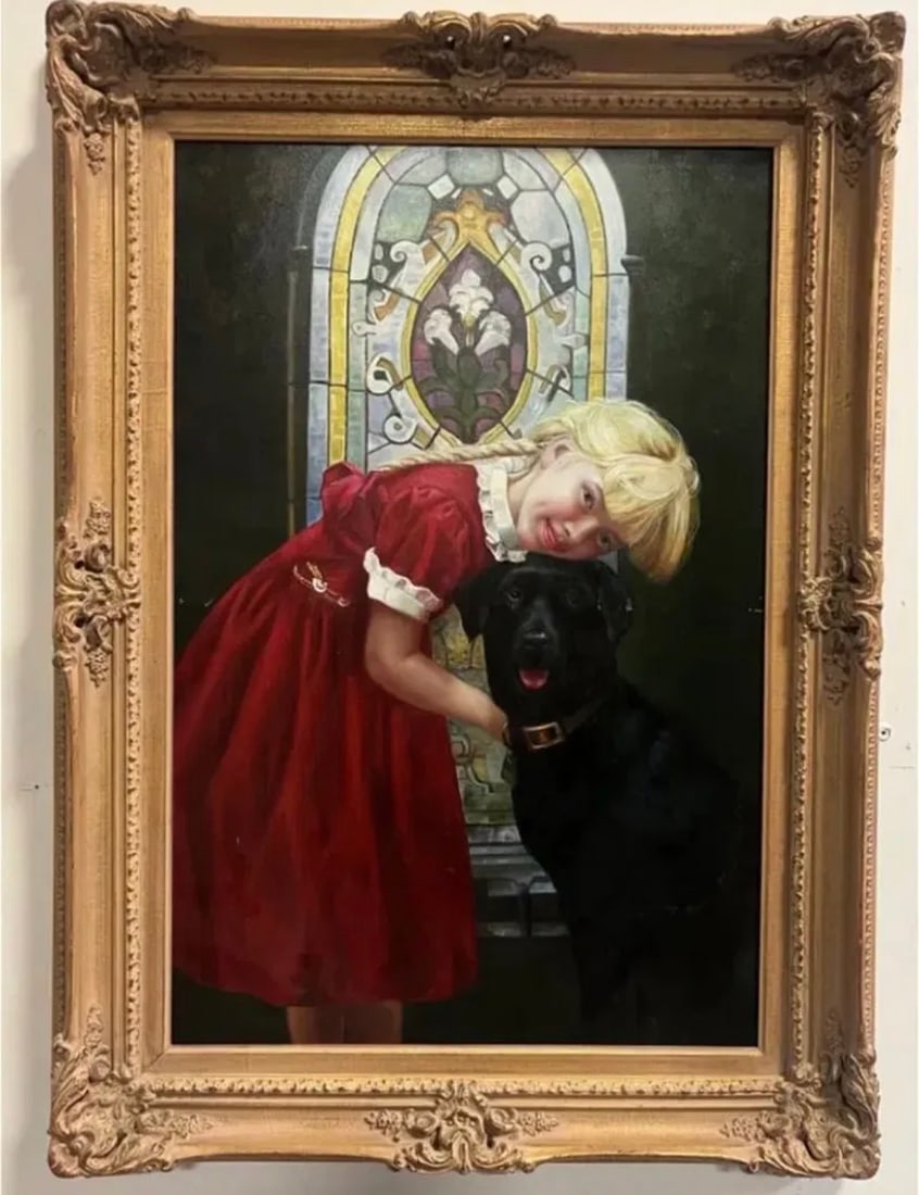 Girl with Dog Oil Painting: Measurements: 45x 34 in
