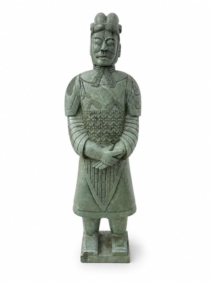Large Chinese Terracotta Warrior-Style Sculpture with Verdigris Finish: Measurements: 60 in H x 19 in