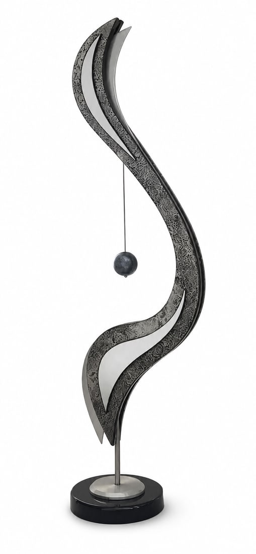 1999 Monumental Contemporary Abstract Steel Sculpture with Suspended Sphere: size: 90” x 23” -A monumental contemporary abstract steel sculpture featuring elegant, flame-like curves with textured dark metal surfaces and polished silver-toned accents. A suspended sp
