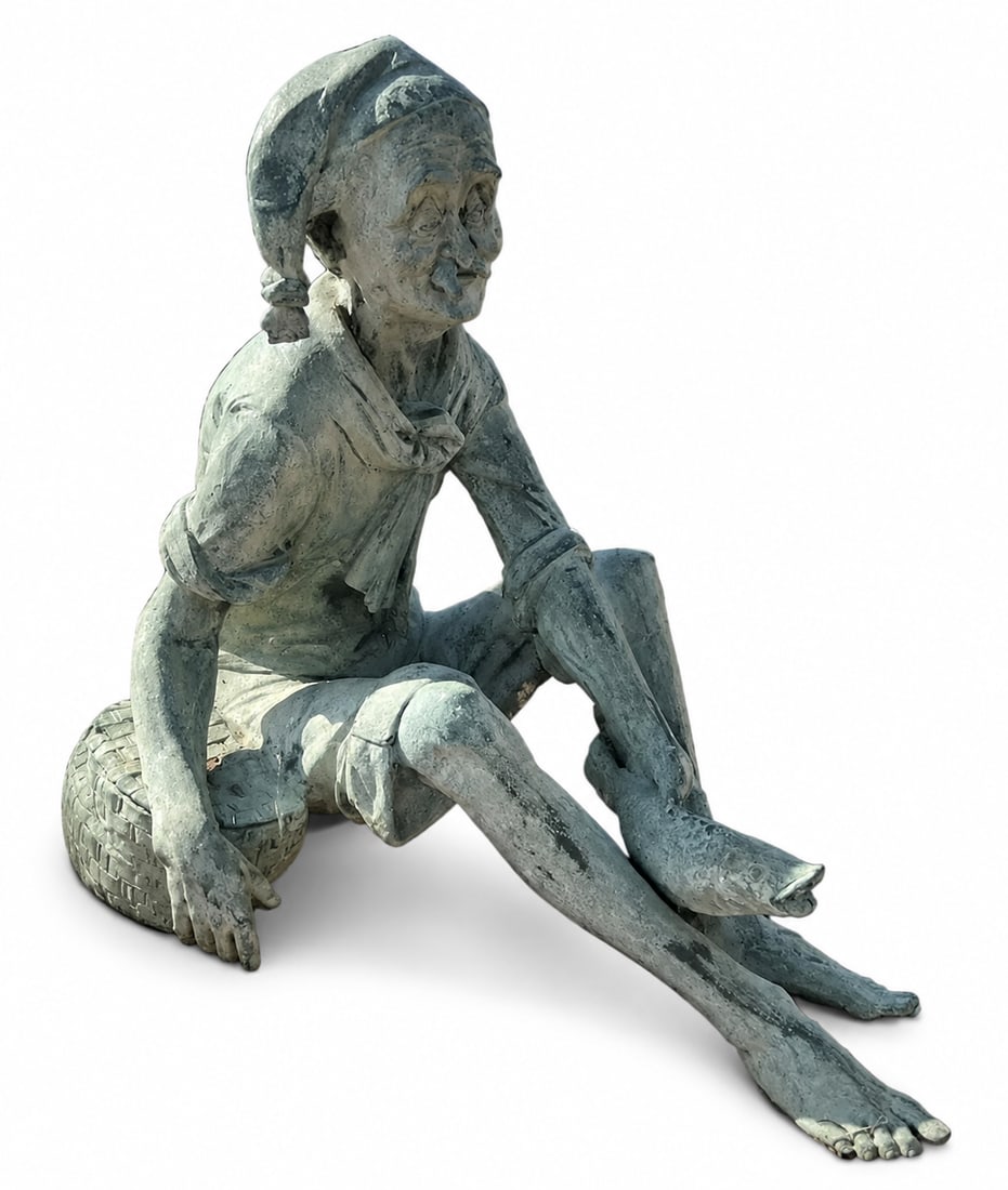 Large Asian-Style Bronze Fisherman Garden Sculpture with Verdigris Patina: Measurements: 35 in x 29 in x 19 in