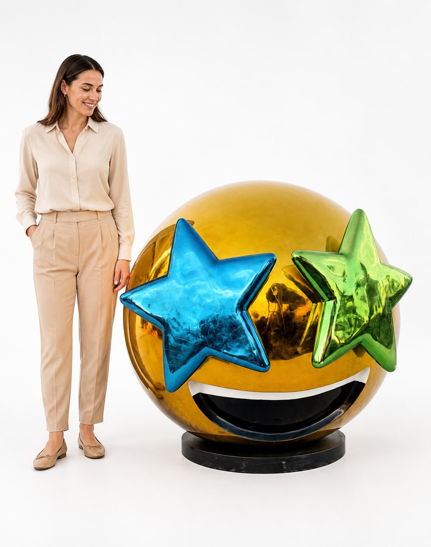 Large Metallic Star-Eyed Emoji Sculpture: 60” tall x 60” diameter