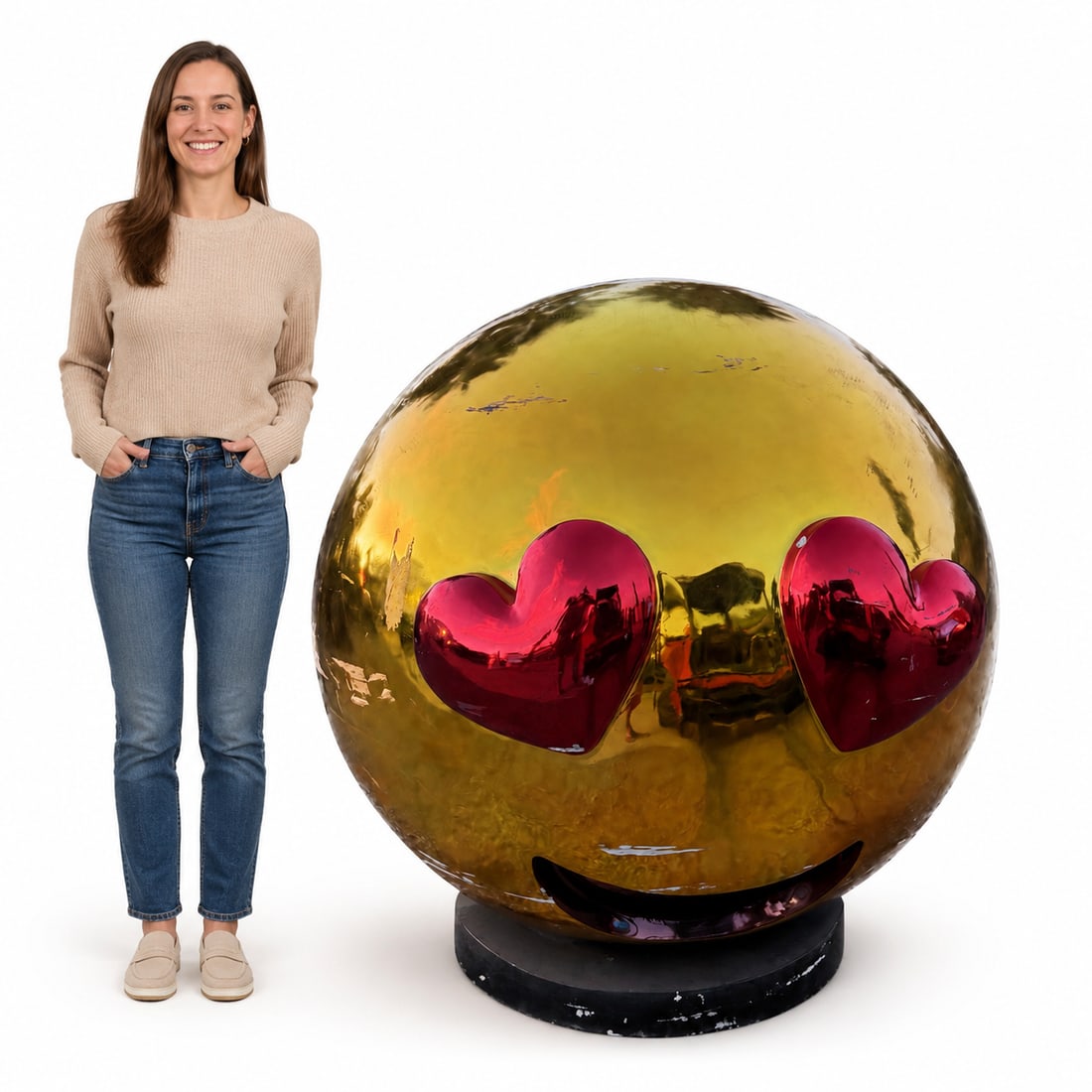 Large Metallic Heart-Eye Emoji Sculpture: 60” tall x 60” diameter