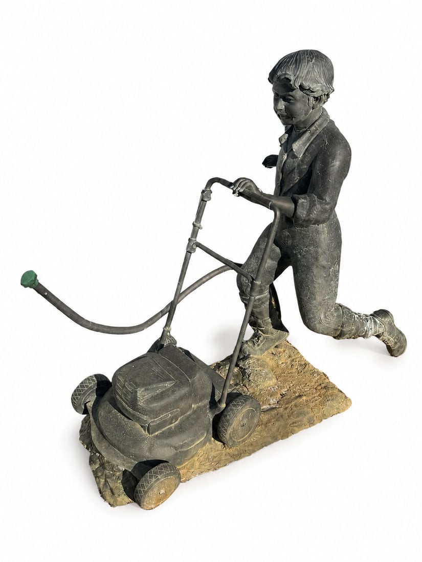 Life-Size Bronze Boy Mowing the Lawn Garden Sculpture Fountain: size: 48 x 48x 20