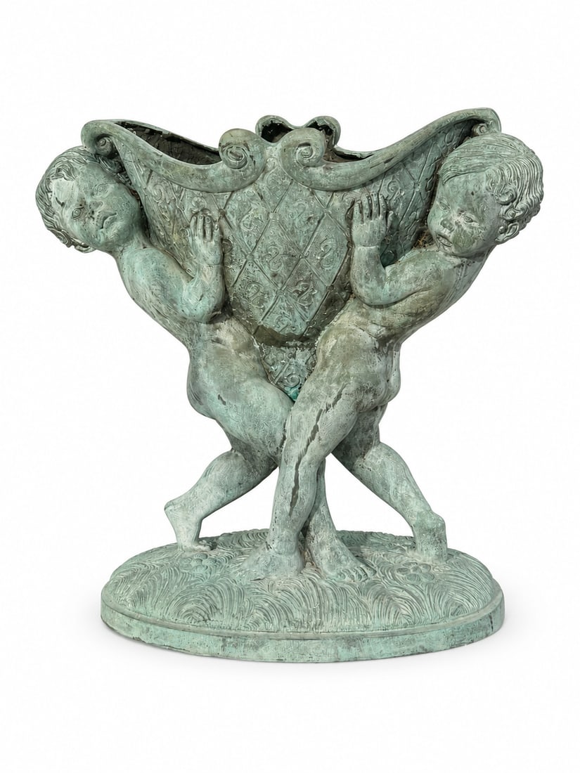 Italian Verdigris Bronze Two-Putti Garden Jardinière- Planter (1 of 2)