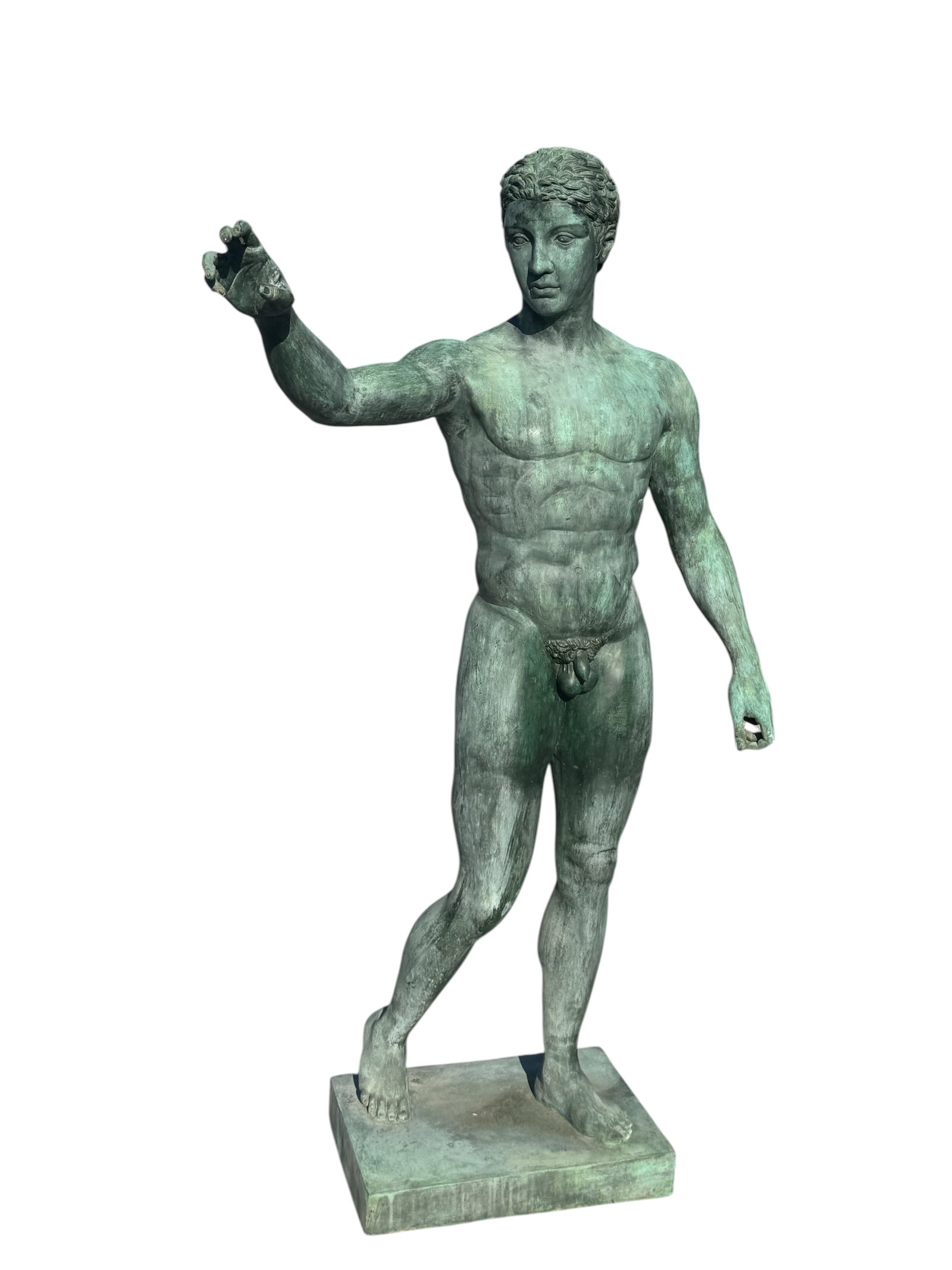 Italian Life Size Bronze Elite by Henri “Antikythera Youth” Classical Garden Sculpture: Size: 70 in H x 38” Eneri Prosperi was born in Bagni di Lucca in tuscany in 1910 and later emigrated to America, where he founded the Henri Studio in Chicago.Specialising in both composition sto