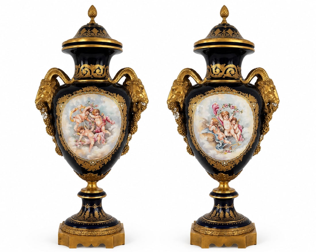 Monumental Pair of French Style Cobalt Blue Porcelain and Gilt Bronze Cherub Urns with Ram-Head: Size: 37 in H x 20 in