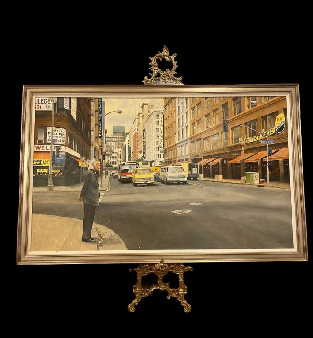 Walt Johnston - Downtown LA Painting: Downtown LA, Broadway and 7th Street, Jewelry district. -65 in L x 41 (Framed) Actual size of the Painting: 59 1/2 by 35 1/2 in H - Oil on Panel 1970-1980Â’s