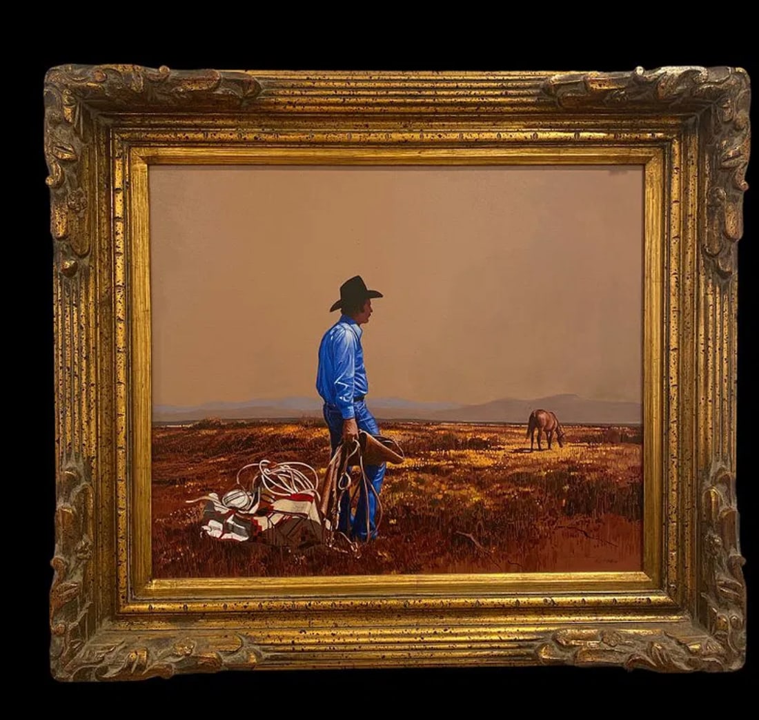 1984 A New Day- Cowboy Oil Painting by Lawrence Benjamin Porter: Framed: 32 inches Lx 28 in H Painting: 23 1/2 by 19 1/2 Born: 1929 - El Paso, TexasKnown for: Female nude in western landscape painting, romanticism, decorationName variants: Lawrence Benjamin Porter.