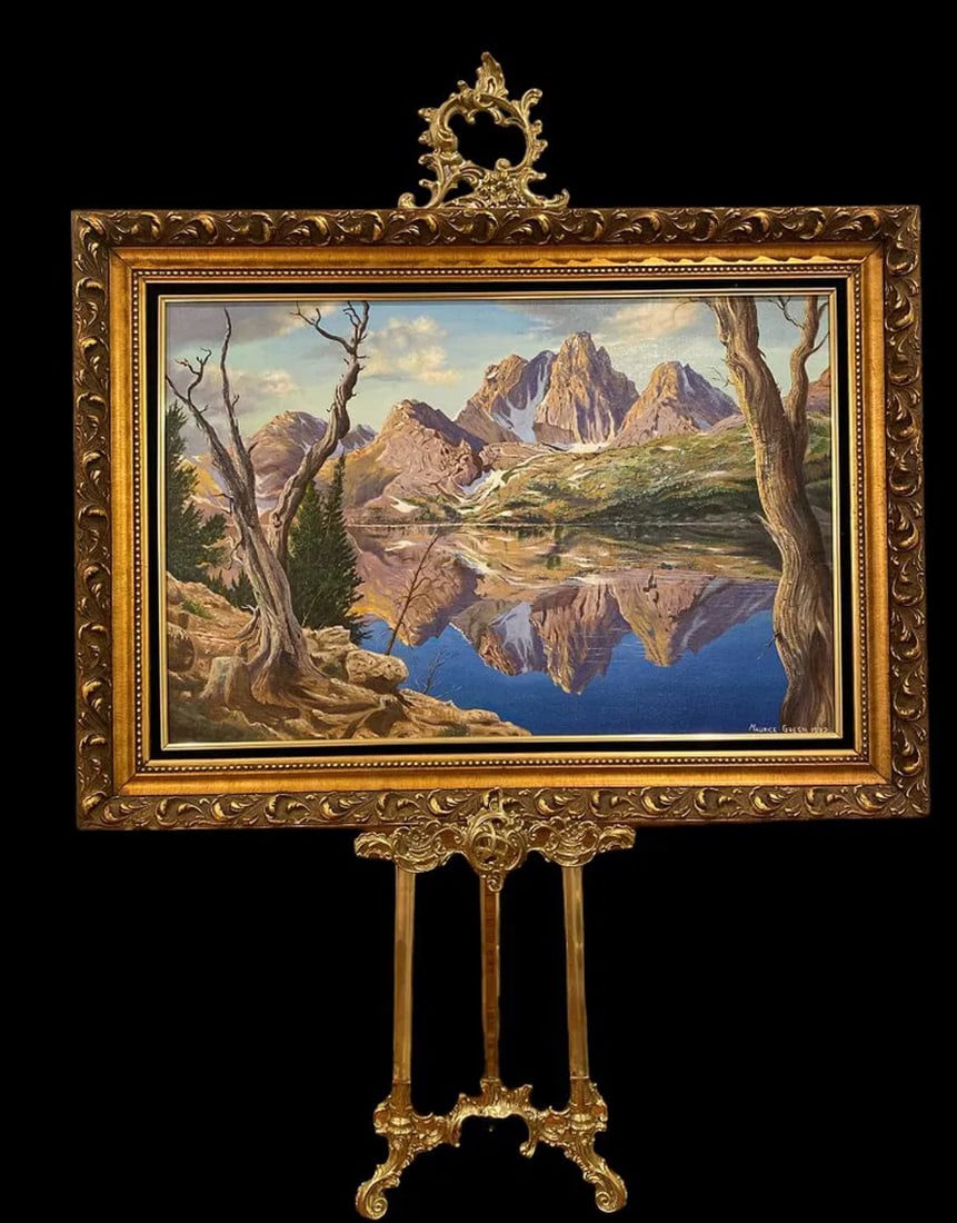 1982 Landscape Lake and Mountain Painting by Maurice Green Oil Painting: Oil on Canvas -1982-Signed. Measurements: 44in L x 32in H (Framed) - Only Painting: 35 in L x 23 in