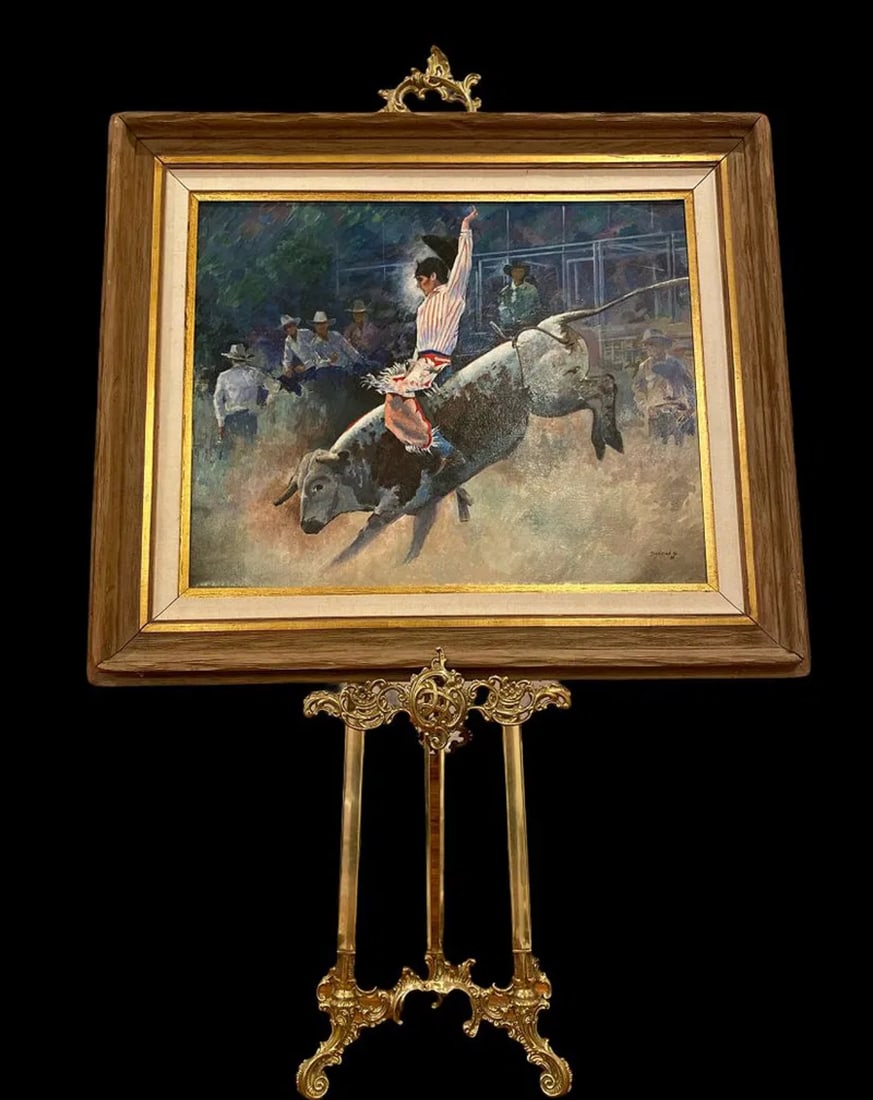 1987 Western Cowboy Bullfighting Oil Painting by Tom Darrah: Tom Darrah - 1987 Hand Oil Painting - Measurements: 40 in L x 34 in H Inside: 29 1/2 by 23 1/2v****** Tom Darrah began his artistic journey at the Pennsylvania Academy of Fine Arts, the Fleisher Art M